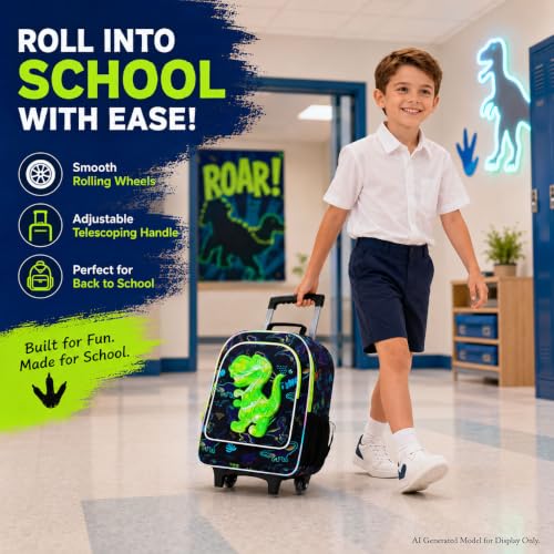 WZLVO 4PCS Dinosaur Rolling Backpack for Boys - Cool Wheeled School Set with Lunch Box,Water Resistant Roller School Backpack on Wheels for Elementary Kids Travel - color: Boys Rolling Backpack - Popular Dinosaur