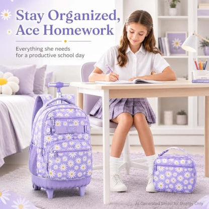 gxtvo Girls Rolling Backpack, Women Roller Bookbag with Lunch Box for Adults, Water Resistant Wheeled School Bag for College Teens Kids Travel - Purple Flower - color: Chrysanthemum Purple