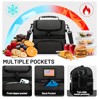 MIER Lunch Box for Men Dual Compartment Adult Lunch Bag for Work, Dark Grey | Leakproof & Insulated; Lunchbox Cooler Tote with Side Bottle Holder; Detachable Shoulder Strap with Pad; Multi-Pockets - color: Dark Gray