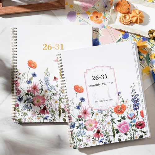 Monthly Planner 2026-2031 - 5 Year Planner/Calendar, 2026-2031 Monthly Calendar Planners Spiral Bound, Jul. 2026 - Jun. 2031, 9" x 11", Twin-Wire Binding + Tabs + Pocket - Flowers