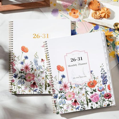 Monthly Planner 2026-2031 - 5 Year Planner/Calendar, 2026-2031 Monthly Calendar Planners Spiral Bound, Jul. 2026 - Jun. 2031, 9" x 11", Twin-Wire Binding + Tabs + Pocket - Flowers