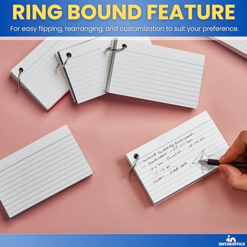 1InTheOffice Index Cards with Ring 3x5, Flash Cards with Binder Ring, Single Hole Punched Notecards, 65 Cards, 3 Pack