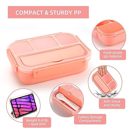 QQKO Bento Box Adult Lunch Box, Lunch Containers for Adults Men Women, Kids Lunch Boxes for School with 4 Compartments, Sauce Container, Utensils and Muffin Cups, Pink - color: Pink