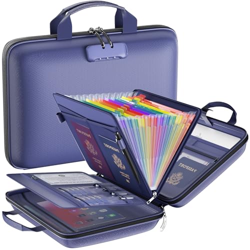 Fireproof File Organizer with Lock, Hard Case Fireproof Document Box with 13 Colorful Pockets Accordion File Folder, Important Document Organizer for Letter A4 Files Laptop Passports (Blue) - color: Blue, style: 13 Pockets, Colorful