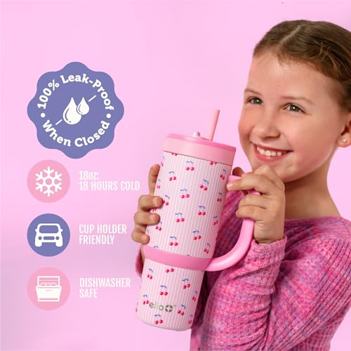 Ello Oasis 18oz Insulated Stainless Steel Kids Tumbler with Straw, Preppy Cherries - color: Preppy Cherries, size: 18 Ounces