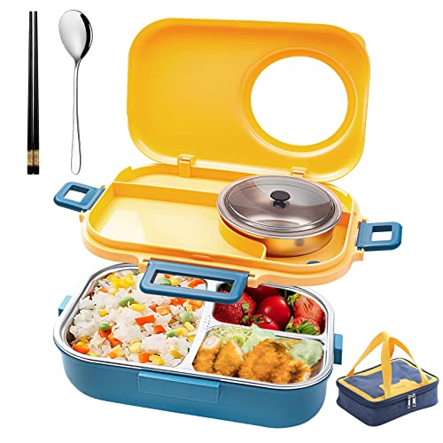 Stainless Steel Bento Box with Insulated Lunch Bag, 900 ml Lunch Box & 200 ml Soup Bowl, Blue & Yellow - color: 900ml-Yellow