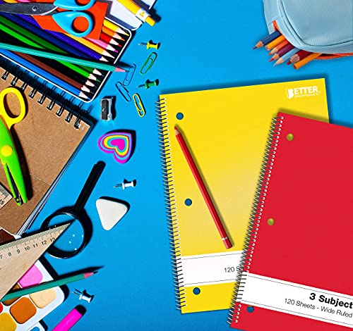 Better Office Products Spiral Notebooks 3-Subject, Wide Rule, 120 Sheet Notebook with Sturdy Pocket Dividers, 10.5 x 8 inches, 6 Assorted Primary Colors, 6 Pack