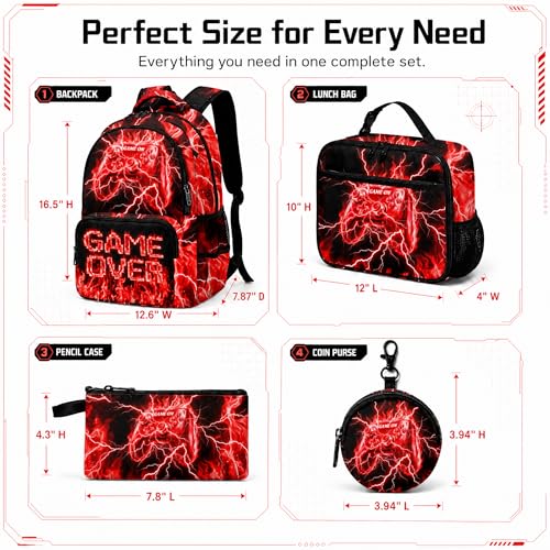 Game Backpack Set for Boys Kids – 17" Large Capacity Gaming School Bag with Lunch Box, Pencil Bag and Coin Purse (Red) - color: Red-1
