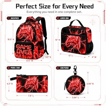 Game Backpack Set for Boys Kids – 17" Large Capacity Gaming School Bag with Lunch Box, Pencil Bag and Coin Purse (Red) - color: Red-1