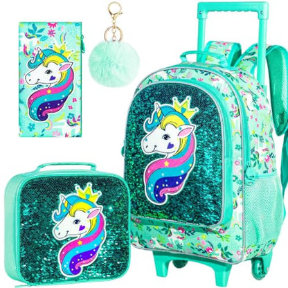 gxtvo Rolling Backpack for Girls, Kids Roller Wheels Bookbag - Roller Elementary Sequin School Bag - 3PCS Unicorn Green
