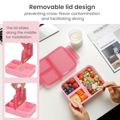 HWONMTE Bento Lunch Snack Boxes Set for Kids Reusable Food Containers with Insulated Lunch Bag, Sauce Box,Removable Dividers for Toddler Girls Boys Teens to School,Travel - color: Pink Set