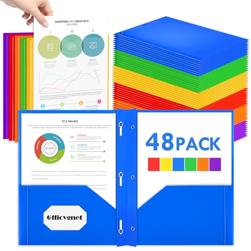 Officygnet 48 Pack Plastic Folders with Pockets and Prongs, Bulk 2 Pocket Folders with Brads and Clear Front, Multicolor Heavy Duty Plastic Folder for Office School Supplies, Letter Size Paper