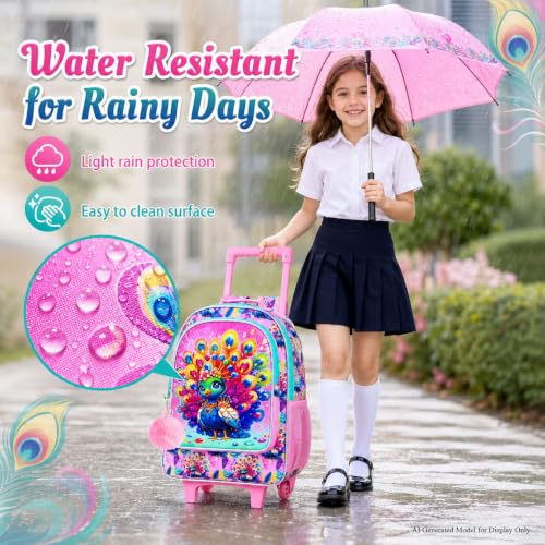 3Pcs Rolling Backpack for Girls, Kids Roller School Backpack with Wheels, Peacock Wheeled Bookbag for Elementary Preschool Kindergarten(Pink) - color: Peacock Pink