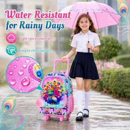3Pcs Rolling Backpack for Girls, Kids Roller School Backpack with Wheels, Peacock Wheeled Bookbag for Elementary Preschool Kindergarten(Pink) - color: Peacock Pink