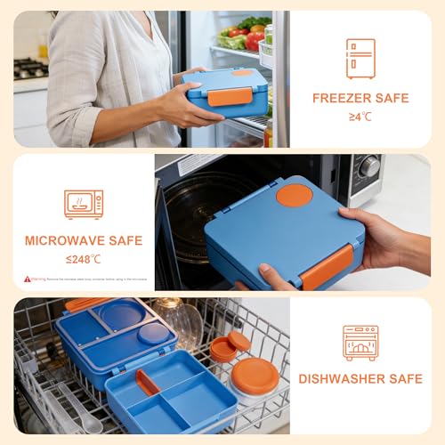FOOYOO Bento Lunch Box Set for Kids & Adults, Leakproof 4-Compartment Container with Insulated Stainless Steel Food Jar, Utensils, BPA-Free, Microwave & Dishwasher Safe for School Work Travel（Blue） - color: Blue