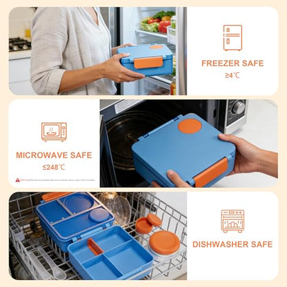 FOOYOO Bento Lunch Box Set for Kids & Adults, Leakproof 4-Compartment Container with Insulated Stainless Steel Food Jar, Utensils, BPA-Free, Microwave & Dishwasher Safe for School Work Travel（Blue） - color: Blue