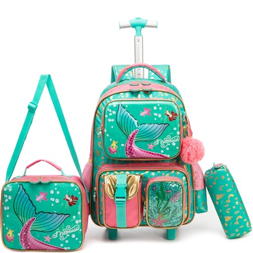 Meetbelify Mermaid Rolling Backpack with Wheels for Girls Rolling Backpacks with Lunch Box for Elementary School Students 16inch Kids Travel Luggage Suitcase for Girls Age 8-10 - color: Girl Pink Mermaid