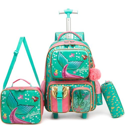 Meetbelify Mermaid Rolling Backpack with Wheels for Girls Rolling Backpacks with Lunch Box for Elementary School Students 16inch Kids Travel Luggage Suitcase for Girls Age 8-10 - color: Girl Pink Mermaid