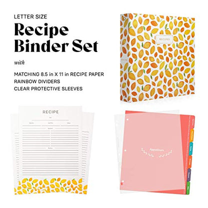 Jot & Mark 8.5"" x 11"" Sturdy 3 Ring Recipe Binder with Spill-Proof Clear | 50 Recipe Cards + 25 Sleeve Protectors + 5 Full-Page Sleeves + 6 Divider Tabs | 8.5x11 3-Ring - color: Lemon Twist, size: 8.5" x 11"