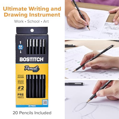 Bostitch, Wood-Cased Pencil Plus, Retractable Eraser, American Cedar Wood, #2 HB, Round, Matte Black, Pre-sharpened, Twenty Pack - size: Twenty Pack