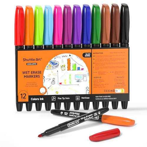 Shuttle Art Wet Erase Markers, 12 Colors 1mm Fine Tip Smudge-Free Markers, Use on Laminated Calendars,Overhead Projectors,Schedules,Whiteboards,Transparencies,Glass,Wipe with Water - color: 12 Colors Black Barrel
