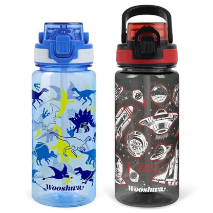 Kids Water Bottle for School, 20 Oz Plastic Straw Water Bottle with Silicone Spout and Leakproof Cover, Dishwasher Safe (Dinosaur/Spacecraft) - color: Dinosaur/Spacecraft, size: 20 Ounces