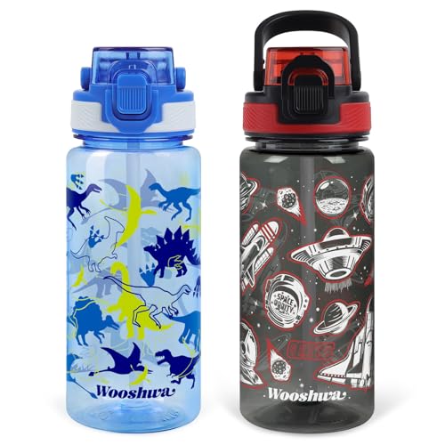 Kids Water Bottle for School, 20 Oz Plastic Straw Water Bottle with Silicone Spout and Leakproof Cover, Dishwasher Safe (Dinosaur/Spacecraft) - color: Dinosaur/Spacecraft, size: 20 Ounces