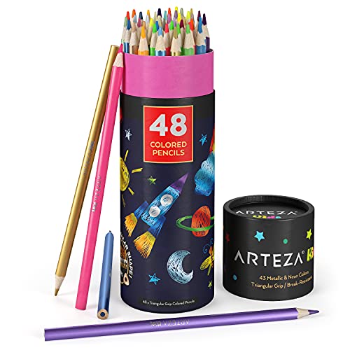 Arteza Kids Colored Pencils, Set of 48, Metallic and Neon Colors, Triangular Pencil Crayons, Pre-Sharpened, Art and School Supplies for Younger Student Drawing and Doodling - size: 1 Count (Pack of 48), style: Metallic