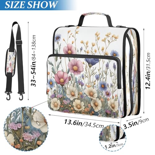 Herbal Wildflowers Zipper Binder for School with Shoulder Strap & Extra Pockets - 1.5 Inch 3-Ring Binder Holds 500+ Sheets, Textbooks, Laptop#407