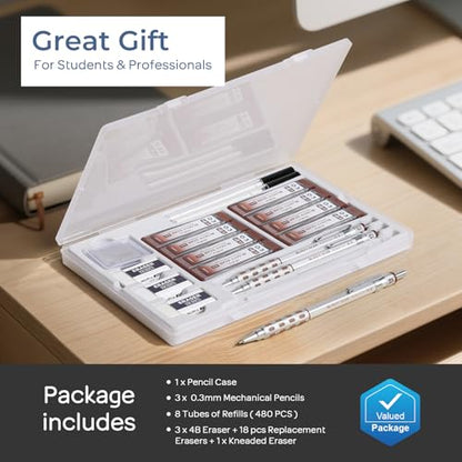 Nicpro 3 Pack Blocky Gear 0.3 mm Metal Mechanical Pencils Set with Case, Lead Drafting Pencil with 8 Tube (480PCS) Lead Refills, 4 Erasers, 18 Eraser Refills for Art Writing, Sketching Drawing - style: 0.3mm