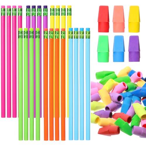 Gersoniel 24 Pack Rainbow No.2 HB Pencils with 48 Colorful Eraser Caps, Bright Wooden Writing Pencils Bulk for Party Favors, Gift Bags, Creative Projects and Everyday Use - color: Rainbow Colors