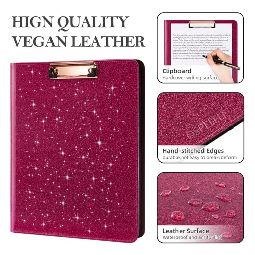 Ospelelf Zipper Clipboard with Storage, Leather Padfolio Portfolio Folder, 3 Ring Binder Dividers with Tabs, 12.1” Tablet Sleeve, Refillable Notepad, Card Slot (Rose Red) - color: Rose Red