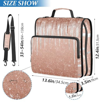 3 D-Ring 2 inch Zipper Binder Bag with Shoulder Strap, Glittery Rose Gold Multi-Pocket Portfolio Organizer Case for 13 Inch Laptop Middle School