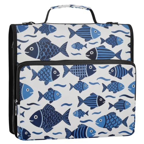 Fish 3 Ring Zipper Binder Bag with Shoulder Strap for School | 2 Inch 3 Ring, Secure Zippered Closure, Organizer Pockets for Classification, Heavy Duty File Organizer - color: Fish Blue