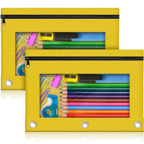 Pencil Pouch for 3 Ring Binder, 2 Pack Pencil Bags with Zipper, Yellow Pencil Case for Classroom School Office Supplies, Large Sturdy and Durable Cloth Pencil Pocket for 3 Holder Binder - color: Yellow