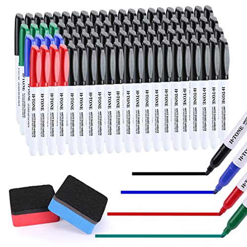 H-TONE 72 Black+12 Colorful Fine Tip Dry Erase Markers and Eraser Kit Low Odor Non Toxic Thin Whiteboard Markers Set with Magnetic Dry Erase Erasers