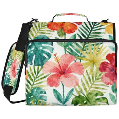 Tropical Flowers Leaves Zipper Binder with 2 Inch D-Rings Expandable File Portfolio with Shoulder Strap, Waterproof Nylon Organizer for 14" Laptop for Work College Travel