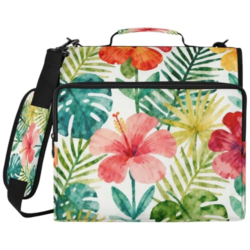 Tropical Flowers Leaves Zipper Binder with 2 Inch D-Rings Expandable File Portfolio with Shoulder Strap, Waterproof Nylon Organizer for 14" Laptop for Work College Travel