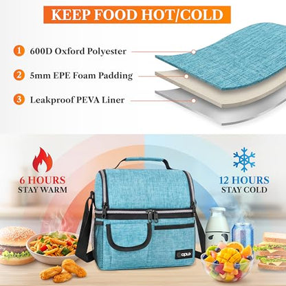 opux Insulated Lunch Bag Women Men, Dual Compartment Leakproof Lunch Box Adults Kids, Double Decker Meal Prep Bento Lunch Cooler Tote with Shoulder Strap for Work Office School Travel, Teal Blue - color: Heather Sea Blue