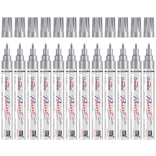 Overseas Silver Oil Based Paint Markers, 12 Fine Tip Permanent Paint Pens | 0.9mm Fine Nib, Waterproof, Quick Dry, Fade Resistant, Oil Marker Pen for Metal, Rubber, Glass, Wood, Plastic, Rock, Canvas - color: Silver