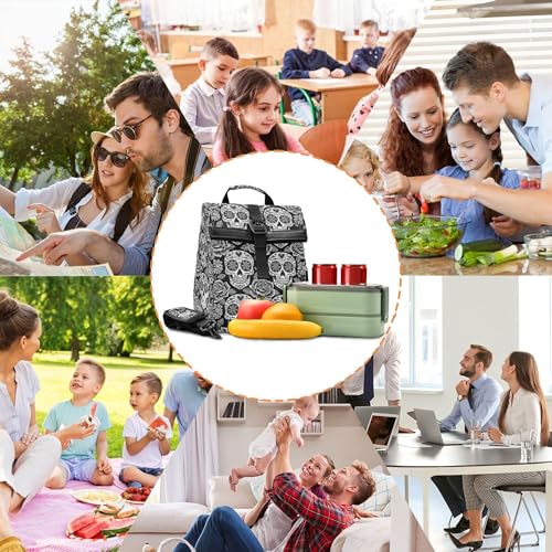 MNSRUU Insulated Lunch Bags Women Men, Abstract Floral Skulls Portable Reusable Thermal Meal Tote Cooler Bag Organizer, Adjustable Shoulder Strap, Handle - color: Skulls 035