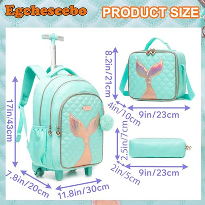 Kids Rolling Backpack for Girls Trolley Suitcases Luggage Travel with Wheels Bookbag Wheeled 17" 3PCS Roller Backpacks Toddler Back Pack School Bags Set for Elementary Mermaids Green - color: 5225-yuweiba-green
