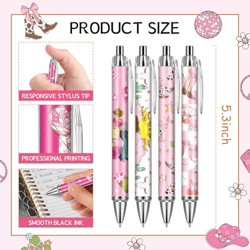 Cowgirl Pink Ballpoint Pens - 24 Pcs Retractable Western Style Girls Gifts Colorful Writing Smooth Cow Pattern Black Ink Ball Point Pen Office Supplies Party Favors for Christmas Graduation - style: Cowgirl