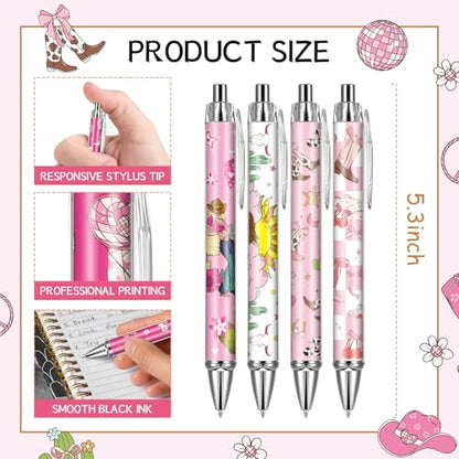 Cowgirl Pink Ballpoint Pens - 24 Pcs Retractable Western Style Girls Gifts Colorful Writing Smooth Cow Pattern Black Ink Ball Point Pen Office Supplies Party Favors for Christmas Graduation - style: Cowgirl