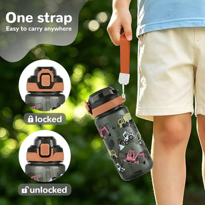 20oz Removable Straw Kids Water Bottle, Shark & Excavator | Plastic Sports Water Bottle with Pop-Up Lid & Lock · BPA-Free · Handle Strap · Dishwasher Safe · Boys & Girls