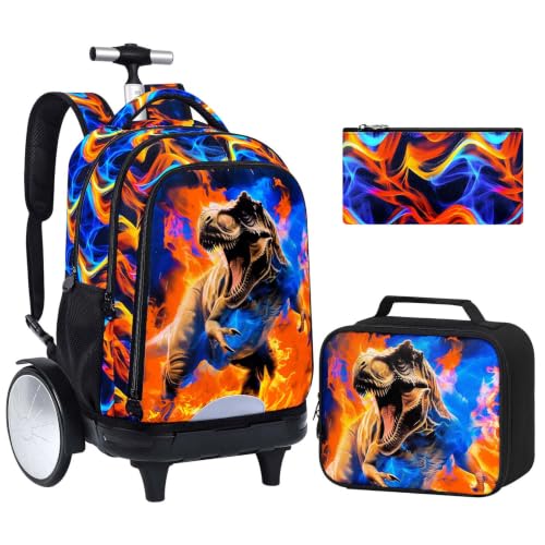 UFNDC Big Wheel Rolling Backpack for Boys, Water-Resistant Wheeled School Bag with Lunch Box & Pencil Case, 3-Pack Kids Roller Bookbag Travel Set - Fire Dinosaur - color: Rolling Backpack Fire Dinosaur Orange
