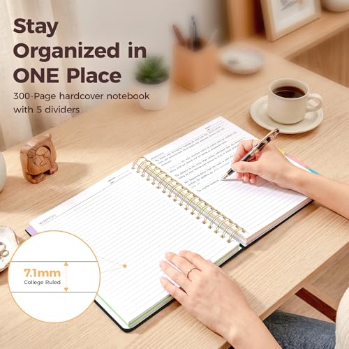 Hardcover Spiral Notebook Journal for Women & Men, Cute 5 Subject Notebook College Ruled for School & Work, Black Journaling Notebooks with Removable Dividers Tabs, 8" x 10", 300 Pages, Night Stars - color: Night Stars