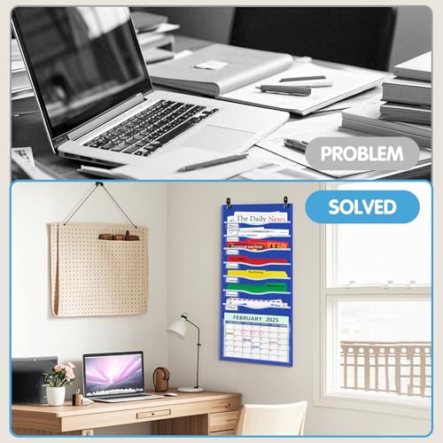 ALSLEA 15" Extra Wide Hanging File Organizer with 8 Pockets - Heavy Duty Classroom Pocket Chart, Wall Mounted Document Organizer with Writable Clear Pocket, 5 Wall/ Door Hooks & 12 Labels (Blue) - size: 8 Pockets Blue