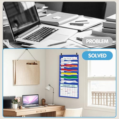 ALSLEA 15" Extra Wide Hanging File Organizer with 8 Pockets - Heavy Duty Classroom Pocket Chart, Wall Mounted Document Organizer with Writable Clear Pocket, 5 Wall/ Door Hooks & 12 Labels (Blue) - size: 8 Pockets Blue