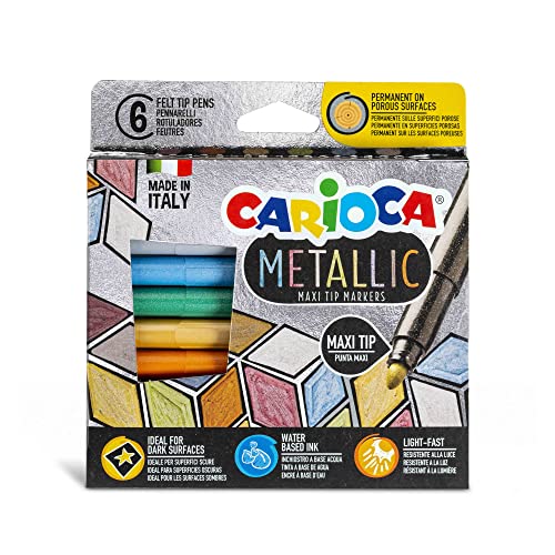 CARIOCA Metallic Markers – 6-Pack Maxi Tip Felt Pens, 6 mm Blocked Tip, Water-Based Ink, For Crafts, Art & School Supplies, 56% Recycled Plastic, Made in Italy